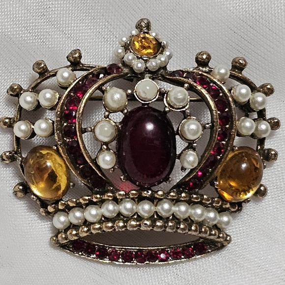 VTG Weiss Royal Crown Goldtone Cabochon Gemstones Faux Pearls 2